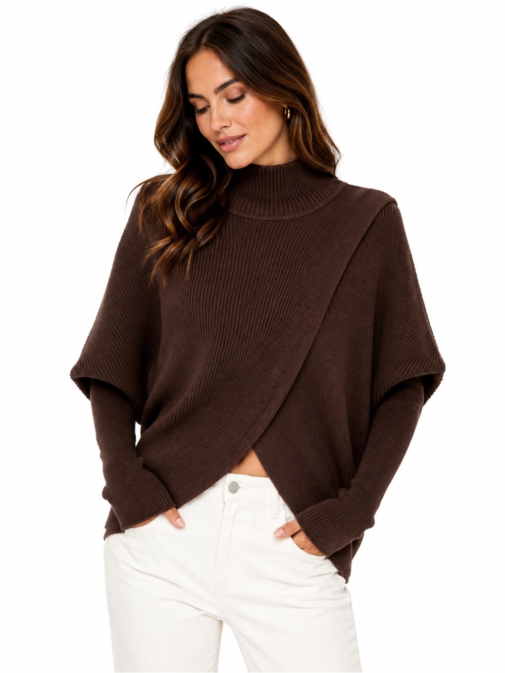 REVEL Women’s L Brown Ribbed Wrap Sweater Asymmetrical Mock Neck Poncho Oversize